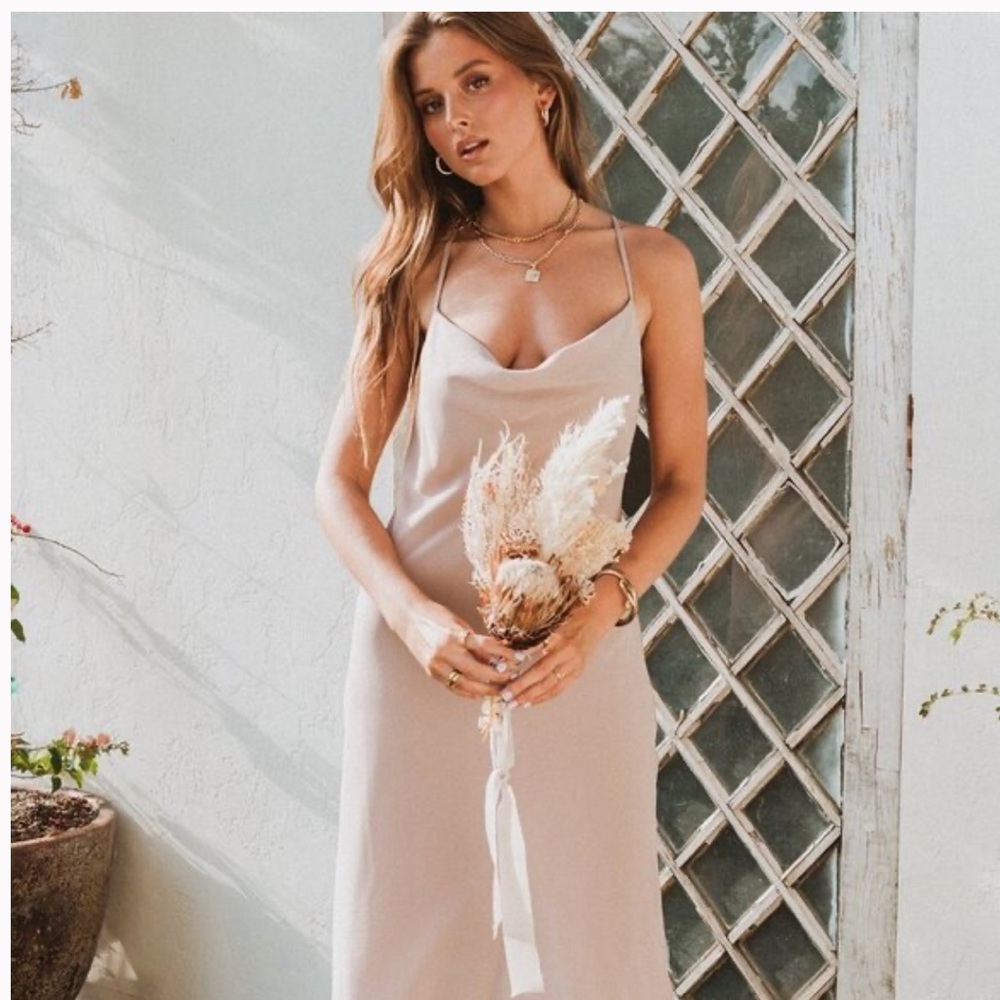 Show Me Your MuMu Verona Chiffon Cowl Neck Maxi Dress in Beige/Dusty Pink NWT
